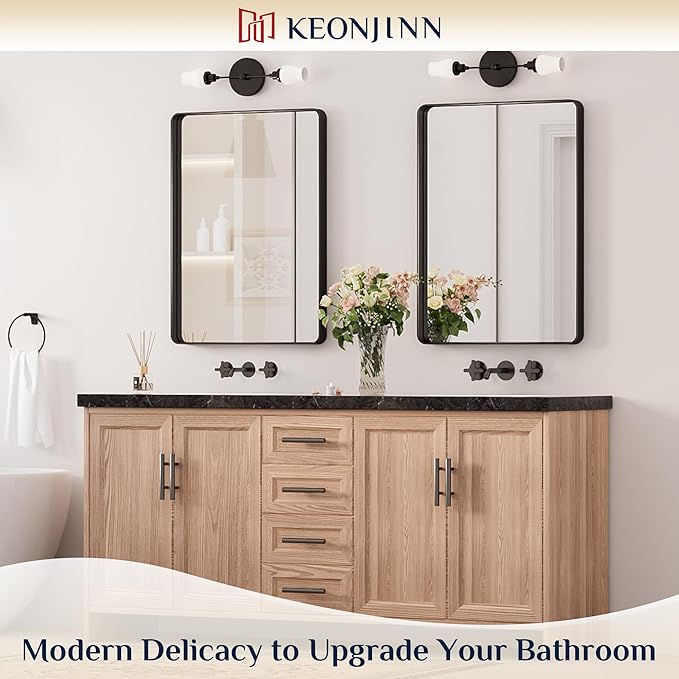Keonjinn Black Vanity Mirror, 22 x 30 Inch Rounded Rectangle Matte Black Bathroom Mirrors for Over Sink, Anti- Rust Farmhouse Mirror with Seamless Metal Frame, HD Tempered Glass, Sandblasted Finish