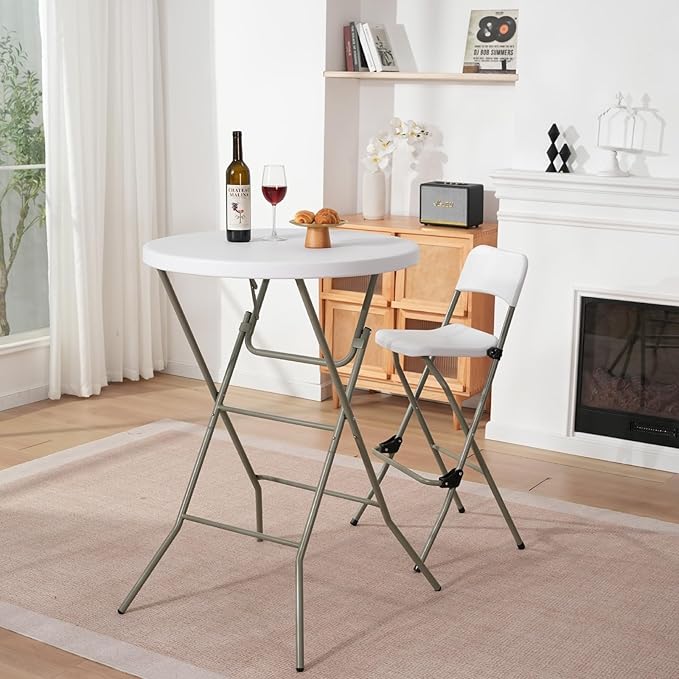 32" Round Folding Table, Portable Bar Height Folding Table with Detachable Legs, Round Foldable Table with HDPE Top for Standing Parties, Balcony, Event, Indoor Outdoor Use (White, 1 Pack)
