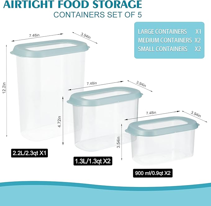 Airtight Food Storage Containers 5-Piece Set, BPA-Free Plastic Kitchen Canisters with Secure Snap Lock Lids for Cereal, Pasta, Snacks, Flour & Pantry Organization