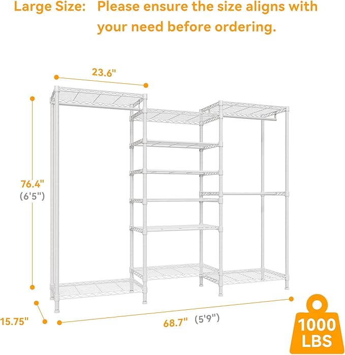 Higeego H12 Heavy Duty Clothes Rack with Adjustable 5-Tier Shoe Rack, Metal Clothing Racks for Hanging Clothes, Freestanding Shoe Organizer Large Garment Racks, 15.7" D x 68.7" W x 76.4" H, White