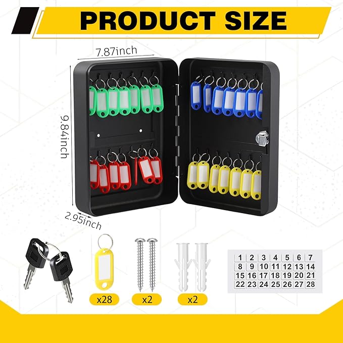 Ripeng 28-Keys Steel Key Lock Box - Wall Mount Key Cabinet with Colorful Secure Tags & Hooks Keys Organizer Storage for Home Office Hotel Rental Business Property Management, Black