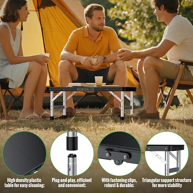 GARLLEN Camping Table with Waterproof High-Density Plastic Tabletop, 3 Adjustable Height Portable Folding Picnic Table, Aluminum Frame Outdoor Table for BBQ, Camping, Indoor Use, 22.8" L x 15.7" W
