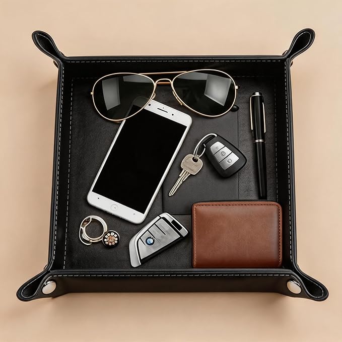 Valet Tray Desktop Storage Organizer – Vegan Leather Catchall Tray Bedside Vanity Tray Nightstand Caddy Holder for Remote Controller, Watch, Keys, Phone, Wallet, Coin, Jewelry, Black