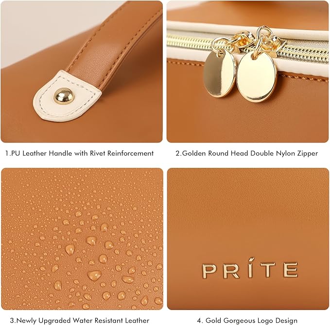 Prite Makeup Bag for Women Travel Waterproof Vegan Leather Cosmetic Bag Open Flat Toiletry Bag With Clear Divider and Handle (New Brown, Large)