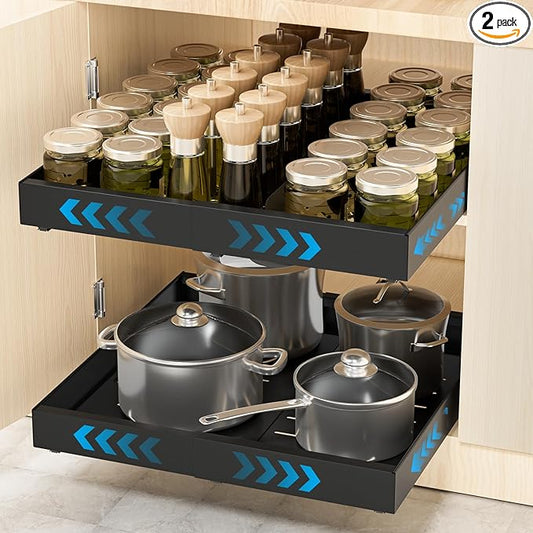 2 Pack Pull Out Cabinet Organizer Expandable Width(12.2"-20.47") & 21"Deep, Insputer No Drill Adhesive Slide Out Drawers with Upgrade 3 Slide Rails, Magnetic Panel, Roll Out Shelf for Kitchen, Pantry