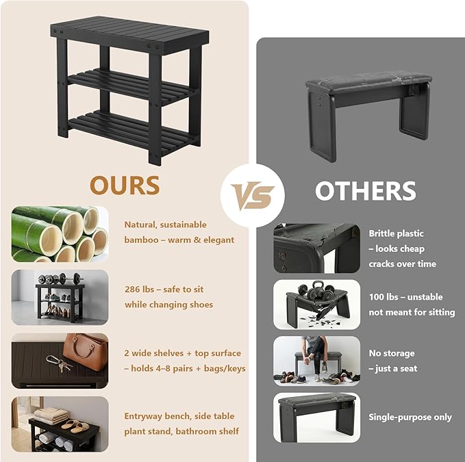NEWBULIG Shoe Rack Bench, 3-Tier Bamboo Shoe Organizer, Wooden Entryway Storage Bench, 286 lb Load Capacity, 11.2x19.7x17.9 Inches, for Entryway Bathroom Bedroom Balcony, Black