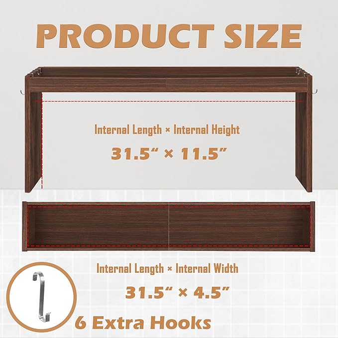 Over the Stove Shelf, Wood Stove Top Shelf, 31.5" Stove Top Organizer Shelves with 6 Hooks,11.5" Height Over Stove Spice Rack for Kitchen, Walnut