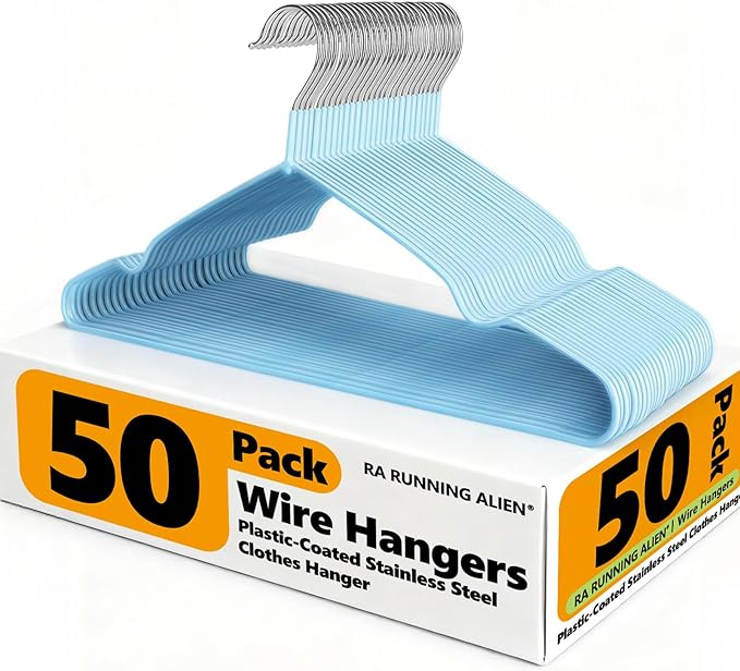Clothes Hangers 50 Pack,Sturdy Thin Space Saving Blue Hangers,Non Slip Metal Wire Plastic Coat Hanger for Clothes Storage Home Improvement