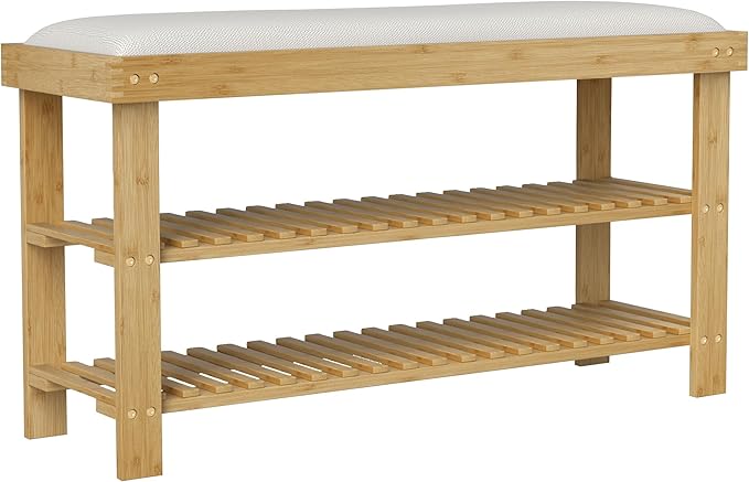 HOMCOM Bamboo Shoe Bench, 3-Tier Entryway Bench with Storage and Cushion, Shoe Organizer for Entryway, Hallway, Holds Up to 331 lbs, 35.4 x 11.4 x 19.3 Inches, Natural