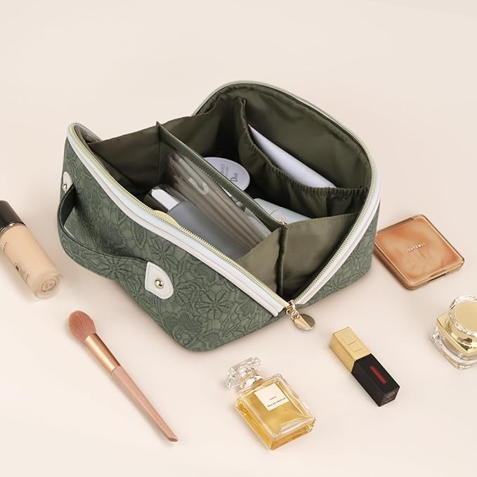 Prite Makeup Bag for Women Travel Waterproof Vegan Leather Cosmetic Bag Open Flat Toiletry Bag With Clear Divider and Handle (Green Flower, Medium)