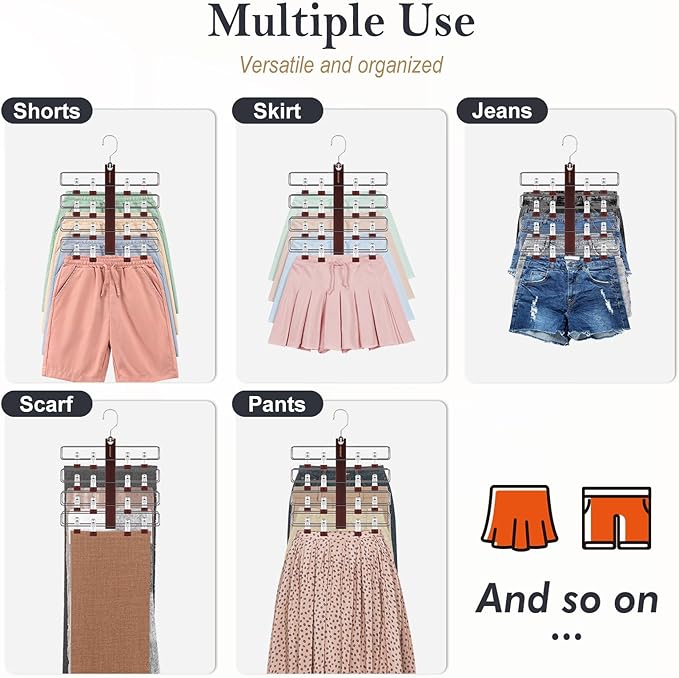 HOUSE DAY Skirt Hangers Space Saving 2 Pack, Double Row 4-Tier Non-Slip Hangers with Clips for Skirts, Shorts, and Pants - Lotus Wood Clip Hanger for Women - Closet Organizers and Storage (Mahogany)