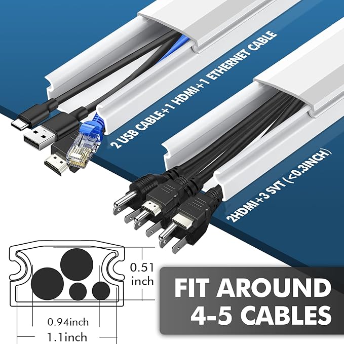 shinfly 86.9in Cord Hider Kit, Paintable Cable Raceway for Wall Mounted TV, Cord Covers for Wires on Wall, Wire Hider for TV Cables, White, 1.18” W x 0.59” H (14.5in x 6-Pack)