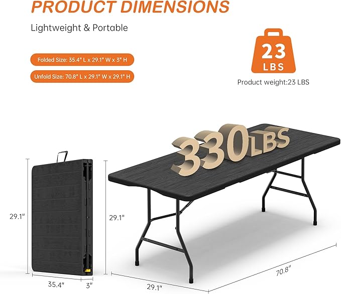 VSOAEIL Folding Table 6 Foot for Indoor Outdoor, Portable Heavy Duty Fold-in-Half Utility Plastic Foldable Dining Table with Carrying Handle for Picnic, Camping and Party, Matte Black