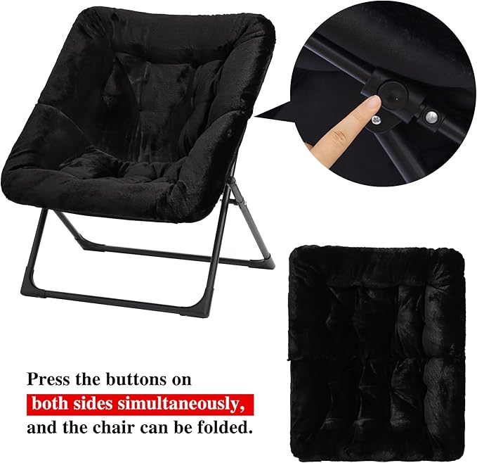 Comfy Saucer Chair for Adults, Soft Faux Fur Bedroom Chair, Accent Dorm Chairs, Flexible Living Room Reading Chairs, Oversized Folding Seat for Teens, X-Large, Black