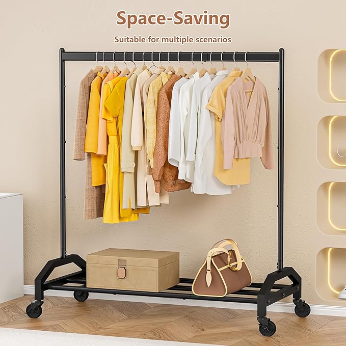 Wiracks Clothes Rack Clothing Rack with Wheels Rolling Clothing Rack for Hanging Clothes Garment Rack Loads 300 LBS for Bedroom, Laundry Room, Retail Store (Black)