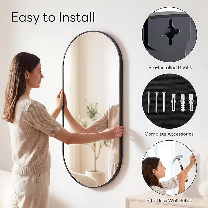 Sweetcrispy 24" x 48" Black Bathroom Mirror for Wall, Oval Wall Mirror with Metal Frame, Tempered Glass, Modern Vanity Mirror for Over Sink, Living Room, Bedroom, Entryway, Horizontal or Vertical