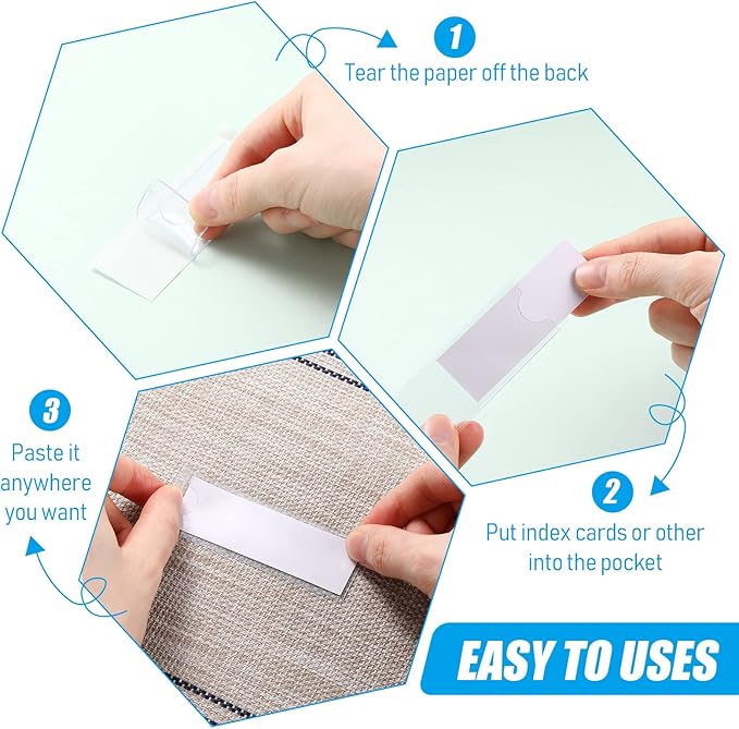 Outus 200 Pack 1.2 x 3.35 Inch Self Adhesive Label Pockets Bulk Plastic Labels Holders for Storage Bins Clear Classroom Nameplate Sleeves Index Card Tote Photos Waterproof Protect Office