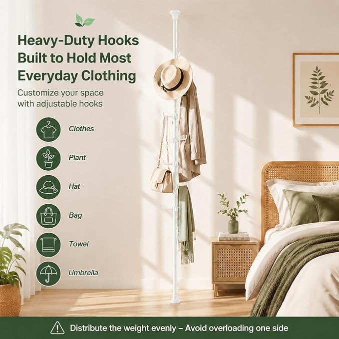 Coat Rack Freestanding, 56 to 125 inch Adjustable Tension Rod Coat Tree with 12 Hooks for Hanging Plant,Coat, Jacket, Hat, Scarf, Suitable for Living Room, Balcony, Kitchen White