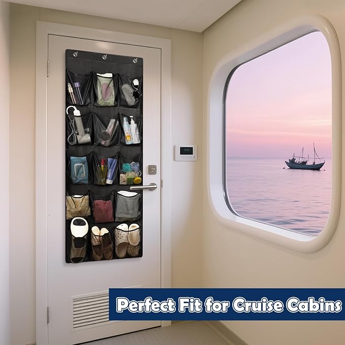 Over The Door Cruise Ship Organizer - Cruise Ship Magnetic Door Organizer with 15 Size-Graded Pockets, Hanging Magnetic Cruise Storage Shoe Rack for Cabin, 2026 Cruise Essential, 9 Hooks(Black)