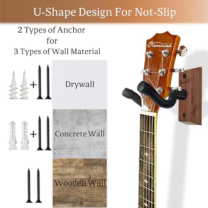 Guitar Wall Mount 2 Pack, Acacia Hardwood Guitar Hanger, U-Shaped Guitar Wall Hanger Mount, Guitar Holder Hook Stand Wall for Acoustic, Electric Guitar, Banjo, Bass, for Guitar Player Men Boy