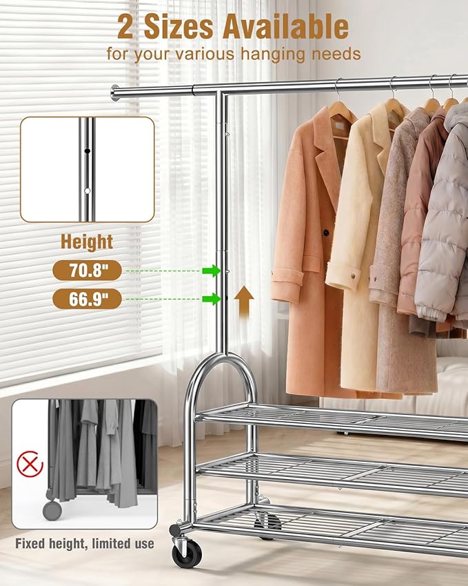 EAGMAK Heavy Duty Clothes Rack for Hanging Clothes Load 688 LBS, Height Adjustable Rolling Clothing Racks, Portable Metal Coat Rack Garment Wardrobe with Wheels and 3 Shelves for Bedroom, Silver