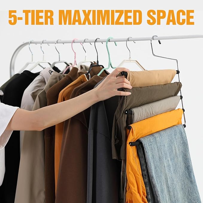 Multi Layer Space Saving Non Slip Tiered Foam Padded No Creases Pants Hangers 5 Tier Steel Open Ended Black 5 Pack