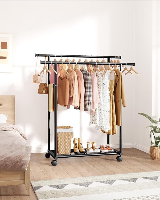 Sakugi Double Rods Clothes Rack - Metal Clothing Rack with Fixed Double Rods, Rolling Wheels & Built-In Shelf for Closet, Bedroom, Laundry Storage (39" x 17" x 60", Black)