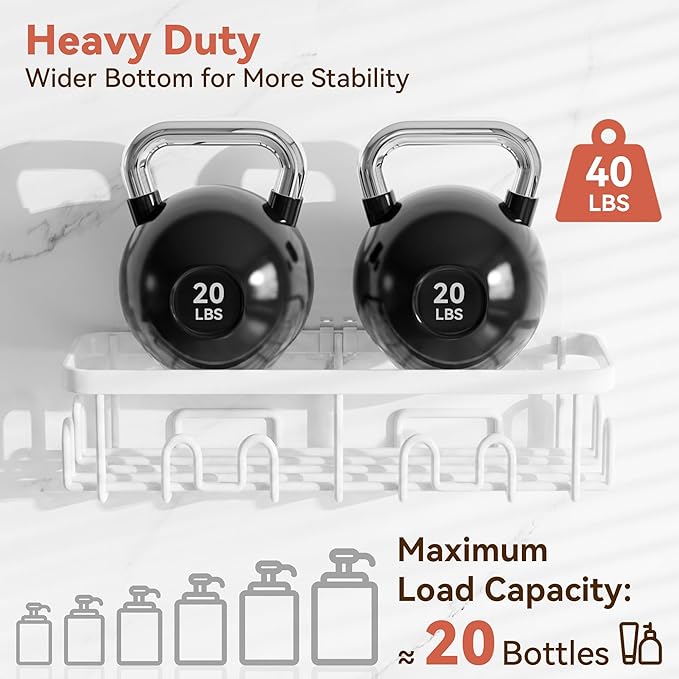 YASONIC Shower Caddy Adhesive 2-Pack, Rustproof Shower Organizer with Holder, No-Drill Shower Shelves for Inside the Shower, Large-Capacity Bathroom Organizers and Storage for Dorms & Renters, White
