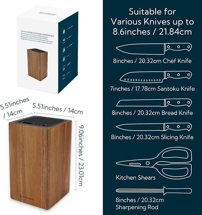 KITCHENDAO Deluxe Universal Knife Block with Slots for Scissors and Sharpening Rod - Acacia Wood Knife Block For Safe, Space Saver Knives Storage - Unique Slot Design to Protect Blades