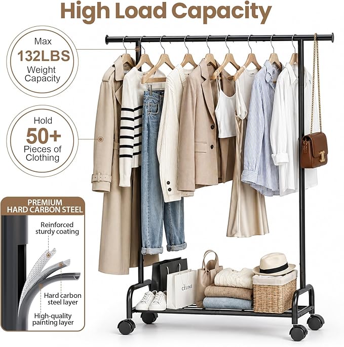 APEXCHASER Clothes Rack-Large-Capacity Rolling Clothing Racks with Shelves, Hanging Clothes-Portable Wardrobe Rack, Metal Garment Rack with Wheels for the Bedroom Laundry Room