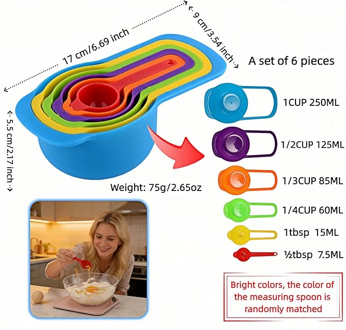 Rainbow Measuring Spoon and Cup Set, 6 Piece, Multicolor, BPA-Free Plastic, Dual Scale CUP/ML, Nesting Stackable Design for Baking and Cooking