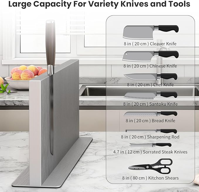 THMINS Large Magnetic Knife Block Stainless Steel Double-Sided Magnetic Knife Holder, Universal Multi-function Display Rack for Kitchen Counter
