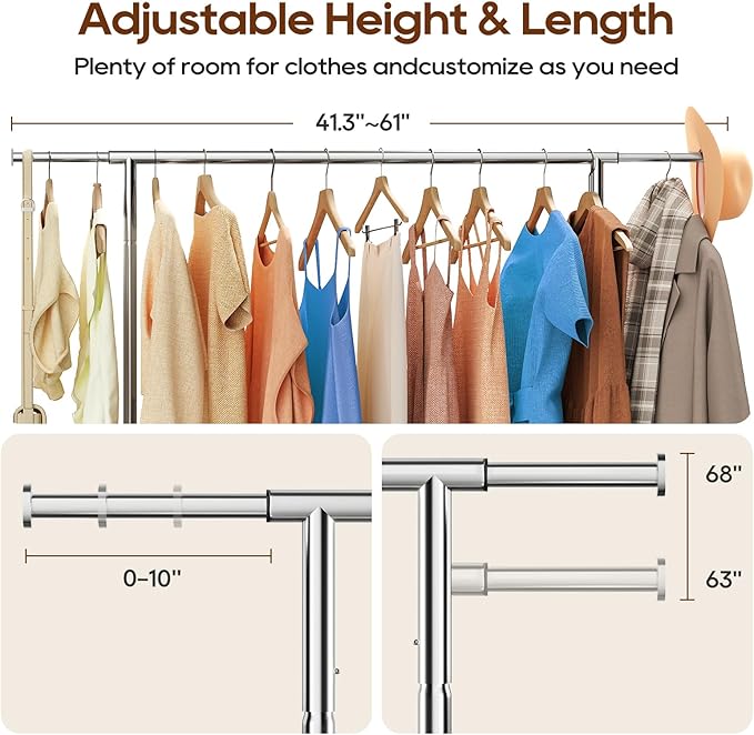 TigerParty Heavy Duty Clothes Rack for Hanging Clothes, Adjustable 2-Tier Rods Garment Rack with 750LBS Load Capacity, Freestanding Clothing Rack with Wheels & Bottom Storage Shelf