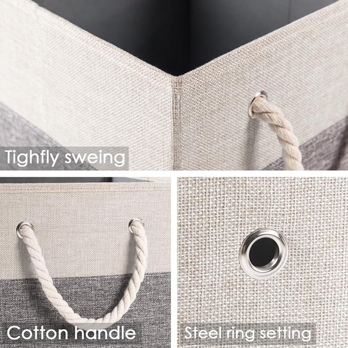 PRANDOM Large Foldable Cube Storage Bins 11x11 inch [4-Pack] Fabric Linen Storage Baskets Cubes Drawer with Cotton Handles Organizer for Shelves Nursery Closet Bedroom White and Grey