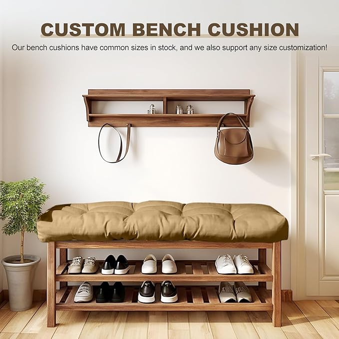 Bench Cushion 48 inches,Indoor/Outdoor Non-Slip Tufted Cushions, Premium Waterproof Linen, Soft Piano Sofa Cushions, Entryway Storage, Bay Window, High-Density Memory Foam(Coffee-48x16x4in)