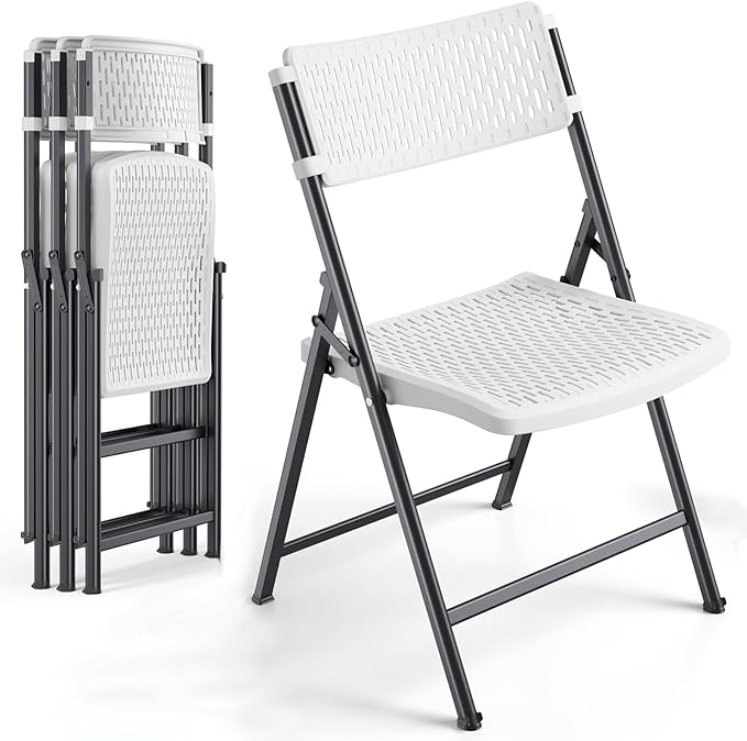 4-Pack White Folding Chairs, Mesh Plastic Seat with Steel Frame, 400 lbs Capacity, Non-Slip Pads, Easy Clean for Indoor/Outdoor Weddings, Patios & Card Tables