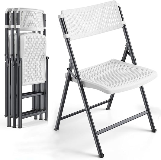 4-Pack White Folding Chairs, Mesh Plastic Seat with Steel Frame, 400 lbs Capacity, Non-Slip Pads, Easy Clean for Indoor/Outdoor Weddings, Patios & Card Tables