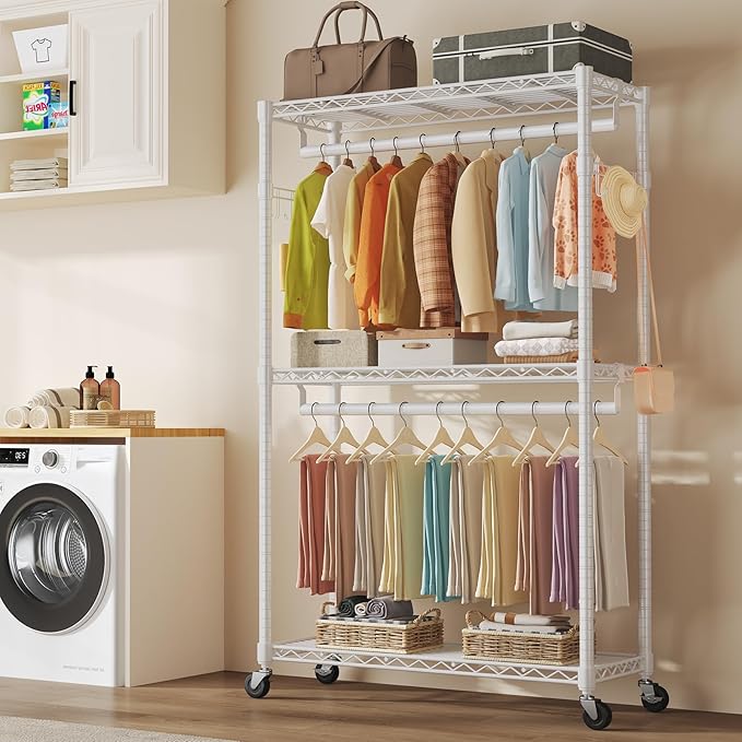 NEWBULIG Heavy Duty Adjustable Clothes Rack with Wheels, Adjustable Rolling Metal Freestanding Garment Closet Organizer with Double Rods & 2 Side Hooks for Hanging Clothes, 47"x17"x80", White