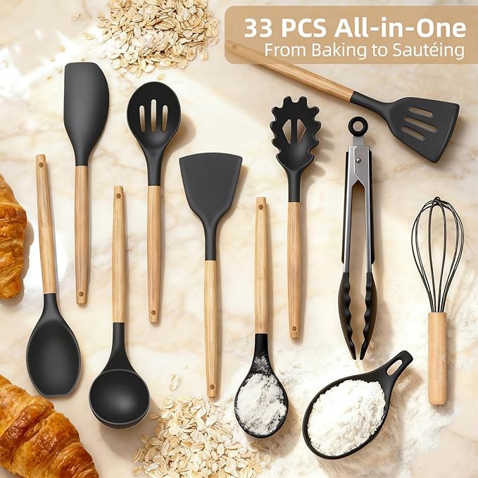 Silicone Cooking Utensils Set, 33PCS/446°F Heat Resistant Food Grade Silicone Kitchen Gadgets, Spatula Set w Holder, for Nonstick Cookware (Black)
