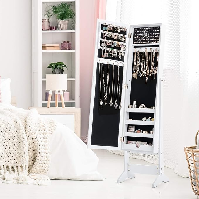 Giantex Jewelry Cabinet with Full-Length Mirror, Standing Jewelry Armoire Organizer with 64 Earring Slots, 72 Ring Slots, 20 Necklace Hooks, 4 Storage Shelves, 3 Angle Adjustable (White)
