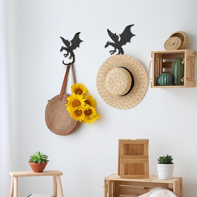 4 Pcs Dragon Wall Hooks Metal Dragon Key Holder Coat Rack Decorative Hanger Matte Black Fantasy Decor for Shelves, Keys, DIY Wall Organizers, 4 Flying Designs (Classic Style)