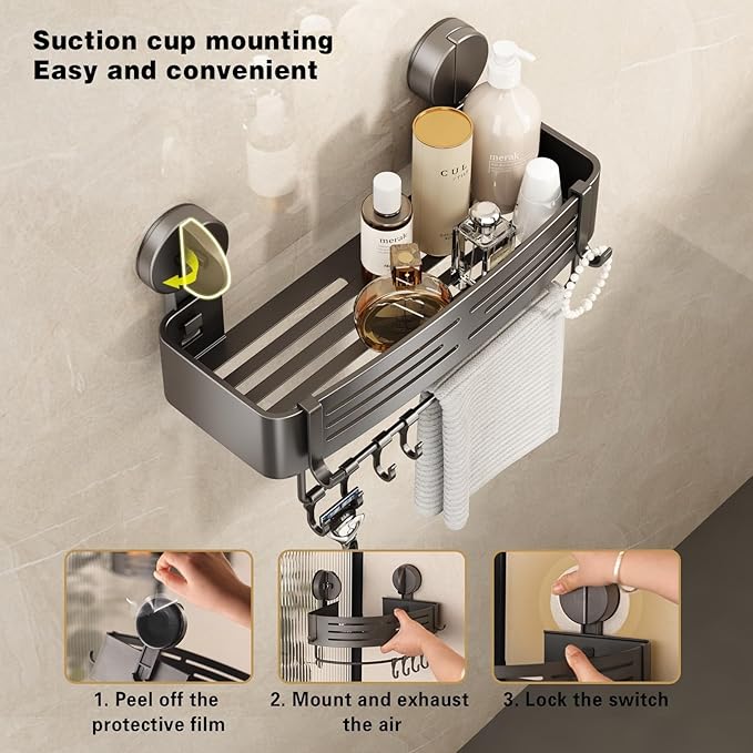 VOLPONE Shower Caddy Suction Shower Shelf No Drilling Shower Organizer Suction Cup Shower Storage Rack Aluminum Wall Mounted Shampoo Holder with Towel Bar Hooks (3-Pack, Matte Gray)