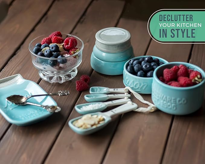 Comfify Mason Jar Kitchenware Set – Aqua Blue Ceramic Decor with 4 Measuring Cups, 4 Measuring Spoons, and Spoon Rest