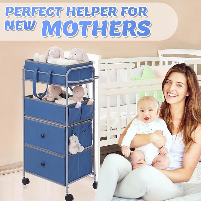 FoldTier 3In1 Baby Diaper Caddy Organizer Cart 4 Tier Large Capacity Metal Utility Bedside Rolling Cart with Divider Newborn Registry Nursery Essential Must Have Bedroom Gift Baby Shower (Blue)