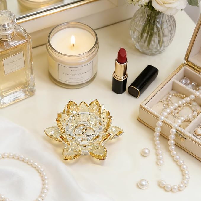 Crystal Flower Jewelry Tray, Luxury Transparent Decorative Trinket Dish for Rings, Earrings, Necklaces, Keys for Vanity Dresser Nightstand, Elegant Gift for Women Mother's Day (1, 4.4"(w) - Gold)