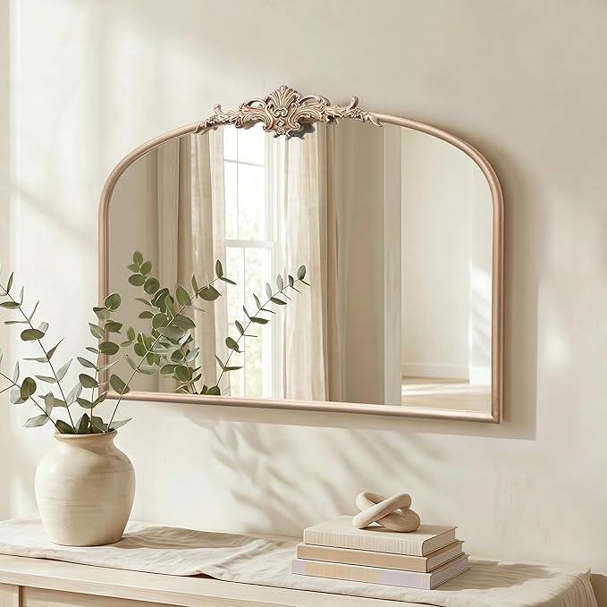 Besdomus Arched Vintage Gold Mirror: 32"x24" French Large Champagne Gold Antique Wall Mounted Mirror - Baroque Traditional Ornate for Fireplace/Bathroom/Living Room - Wall Decor for Fashion-Conscious