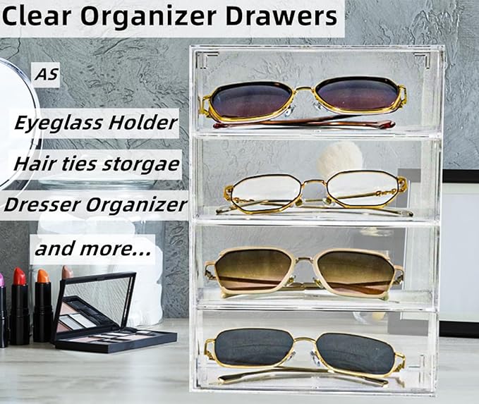Fordonral Clear Plastic Organizer, Transparent Glasses Holder Storage Drawers, Sunglass Case Glasses Display Stand, Acrylic Organizers for Organizing Eyeglass, Hair Ties, Accessories