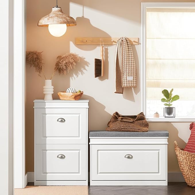 Haotian Shoe Storage Bench with Cushion, White Narrow Shoe Rack for Entryway, Small Shoe Cabinet with Flip-Drawer, Closet Hallway Mudroom FSR82-L-W