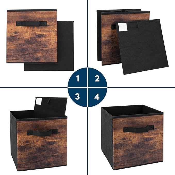 EWES 13 Inch Fabric Storage Cubes, 8 Pack Foldable Storage Bins with Handle, Storage Baskets Box for Shelves, Closet, Organizer, Rustic Brown and Black