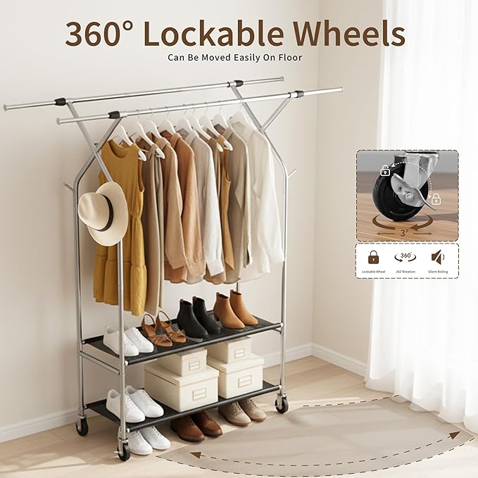 HAPPY CHEERS Heavy Duty Clothes Rack,Double Rods Clothing Rack for Hanging Clothes,Rolling Clothing Racks with Wheels,Metal Garment Rack for Bedroom Laundry Living Room,Silver